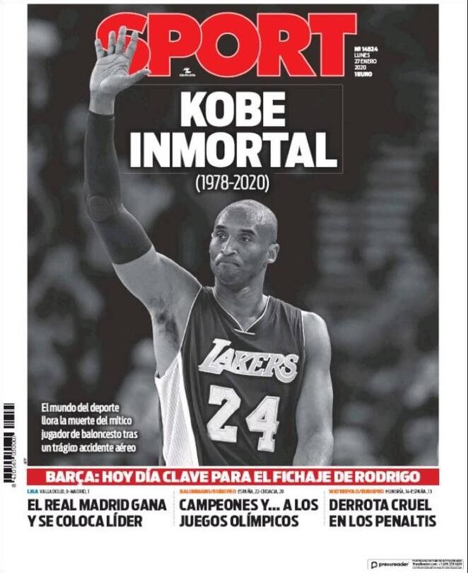 Sport - Prima pagina morte Kobe Bryant