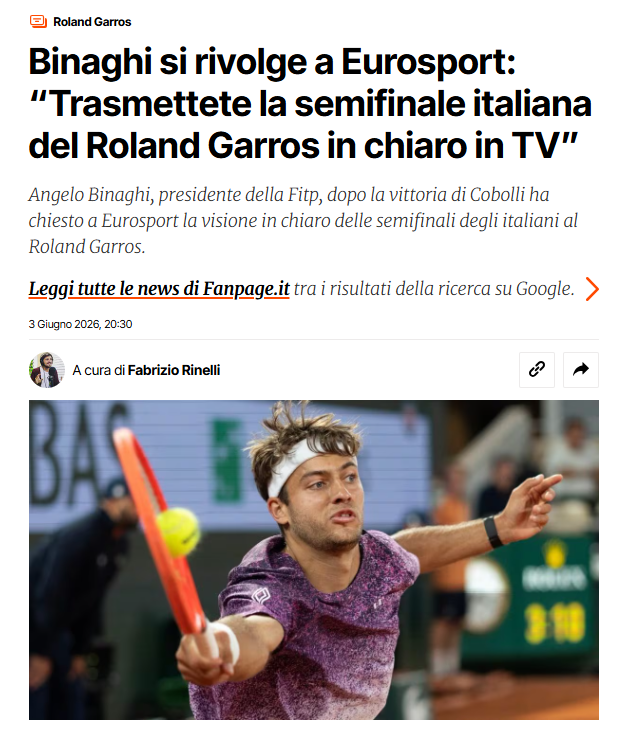Binaghi chiede la diretta in chiaro della semifinale Roland Garros 2026