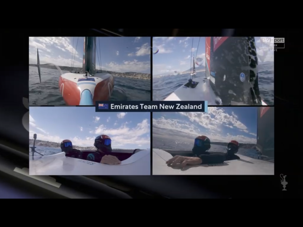 Mosaico con i quattro punti di vista delle telecamere installate a bordo delle imbarcazioni dell'America's Cup