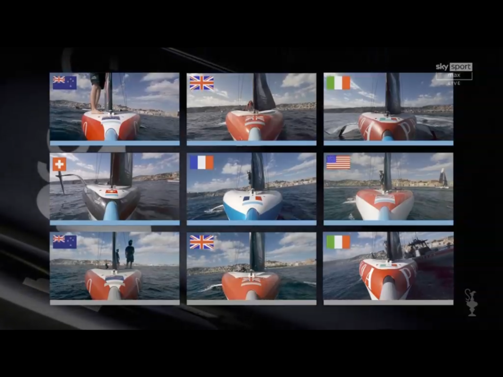 Mosaico con le immagini dalle telecamere di prua di tutte le imbarcazioni in regata